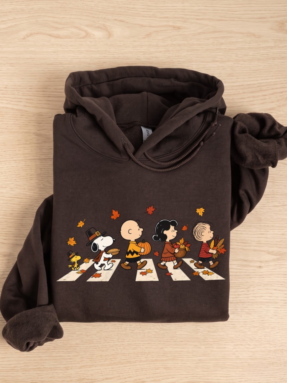 Gildan Brown Thanksgiving Fall Graphic Hoodie, Cute Puppy & Friends Hoodie